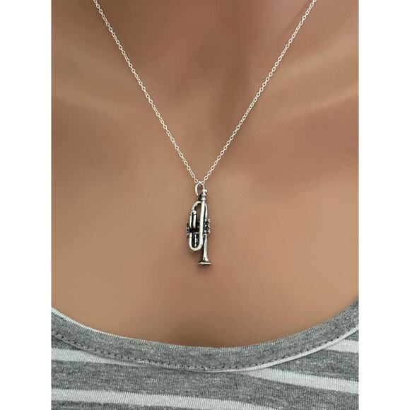 Sterling Silver 3D Trumpet Necklace, Sterling Silver Trumpet Necklace - Picture 3 of 5